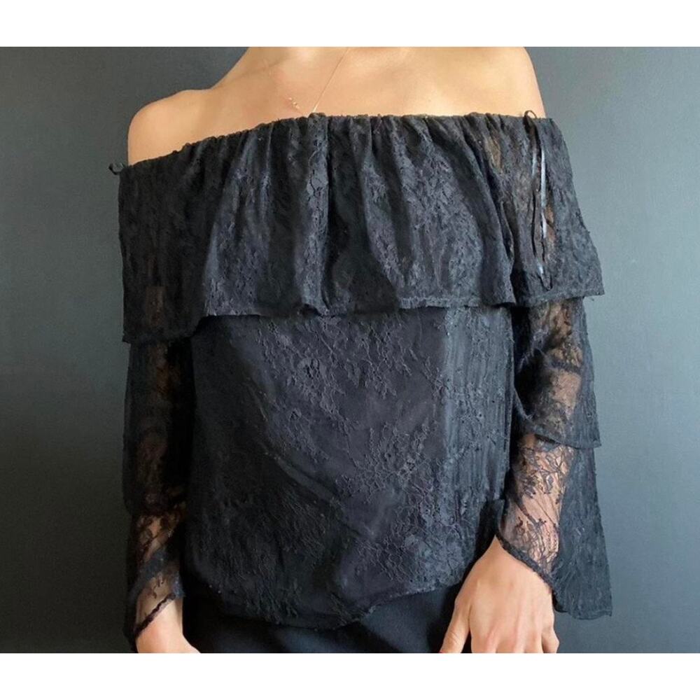 Lucky Brand Ruffle Lace Top Black Off Shoulder Long Sleeve Womens Size‎ XS NWT